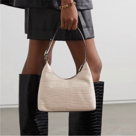 Staud Scotty Crocodile Embossed Monogram Leather Hobo Bag In Cream - Picture 1 of 8